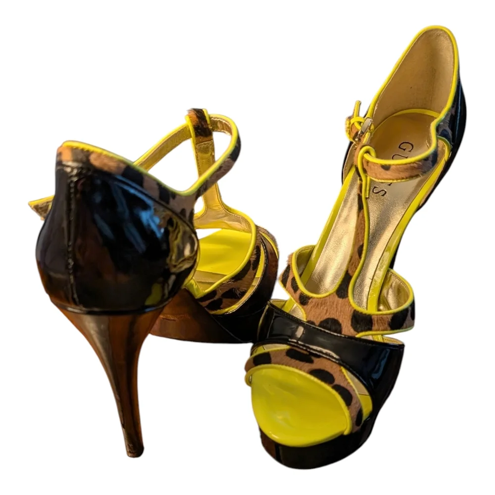 GUESS Yellow and Leopard Patent T-Strap Platform Heel